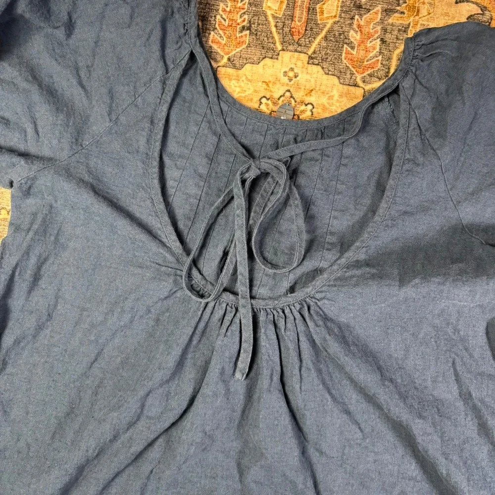 Free-est Free People Navy Blue Linen Pleated Puff Sleeve Mini Dress Tunic Large